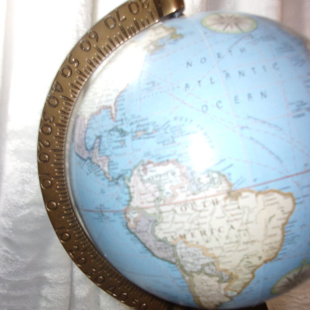 H-344 WOOD BASE WORLD GLOBE IN BLUE 16.5IN. TALL - Picture 4 of 10